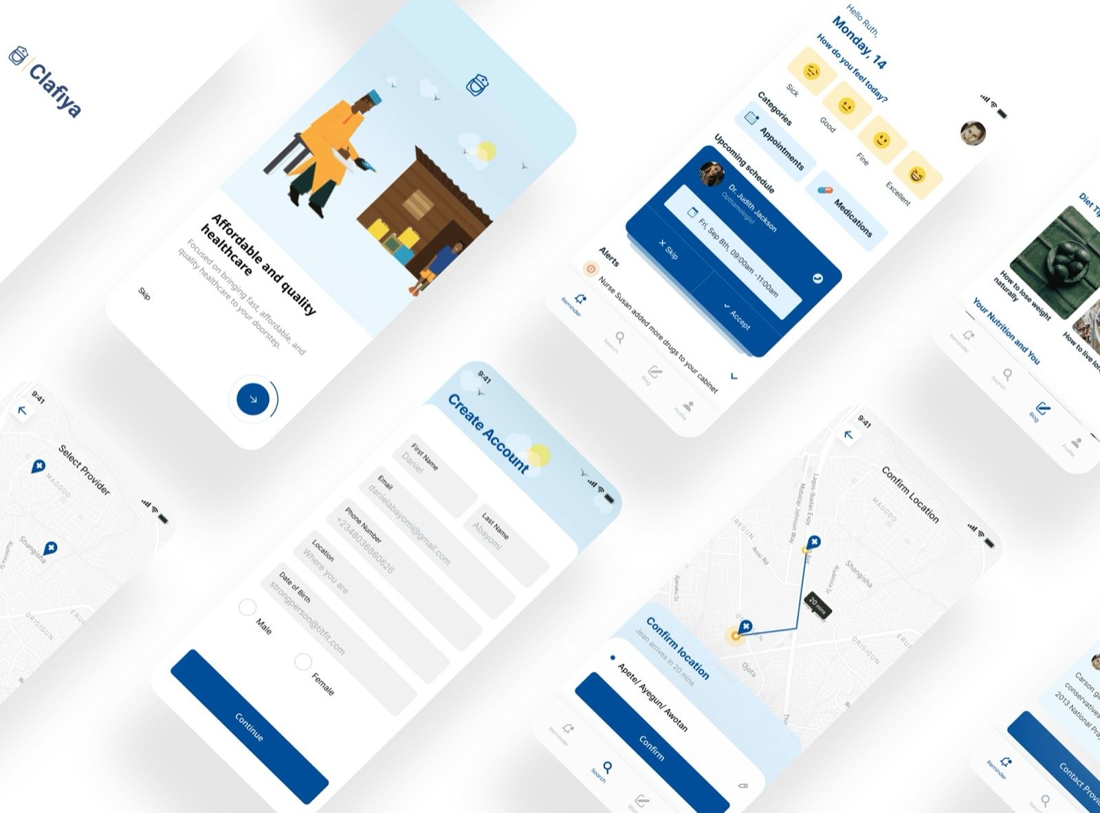 Clafiya app screens: onboarding, booking and the health hub