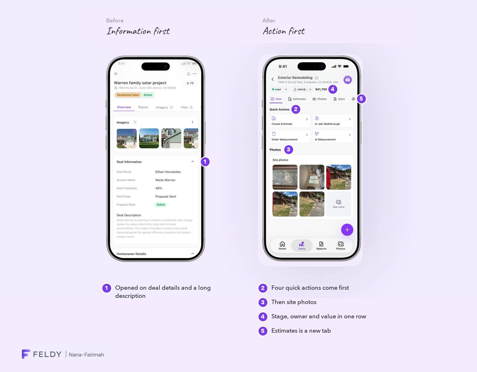 The deal page before, opening on deal details, and after, opening on four quick actions, site photos and one row for stage, owner and value