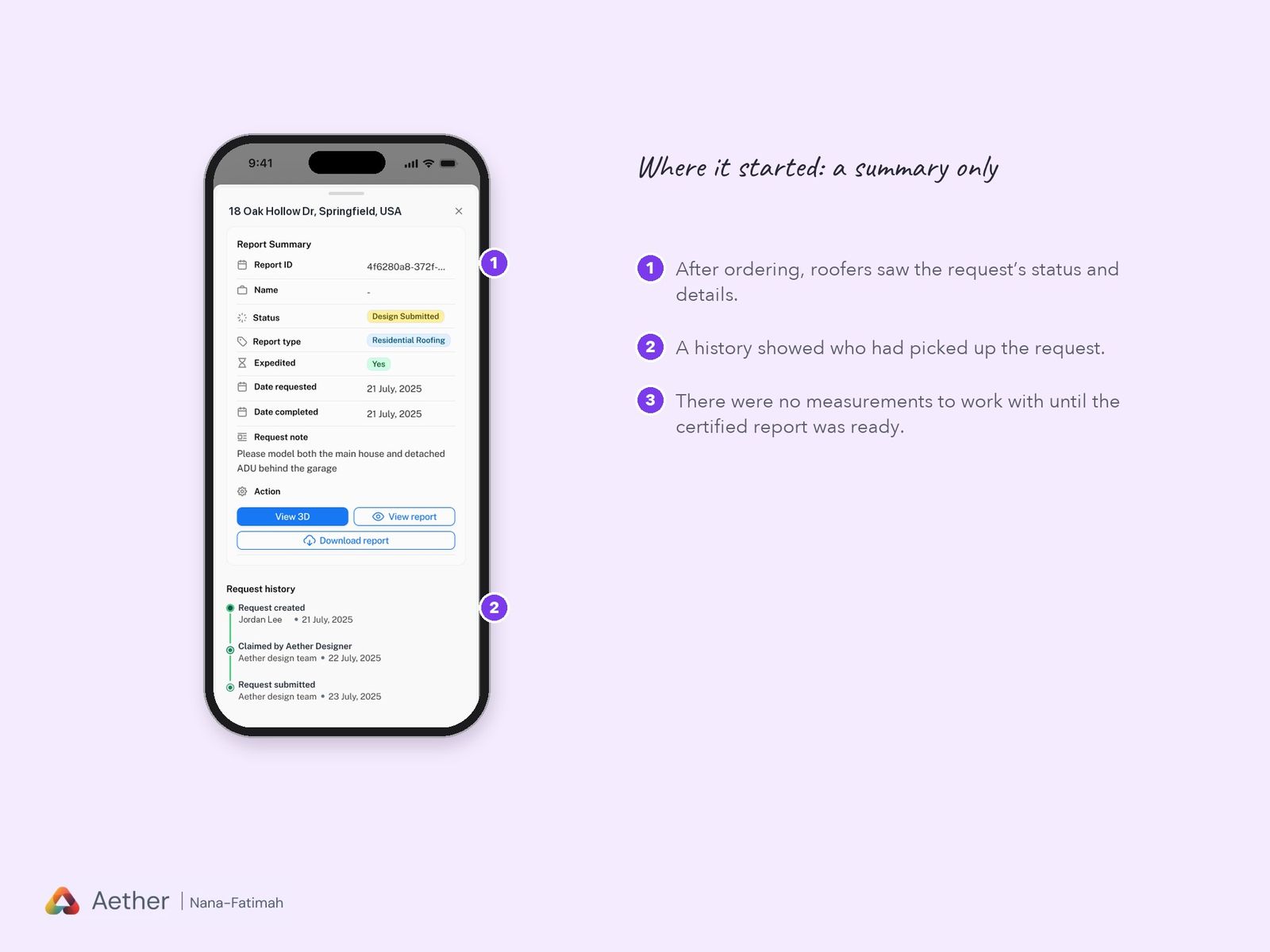The first report page: a summary of the order with its status, details and history, and no measurements