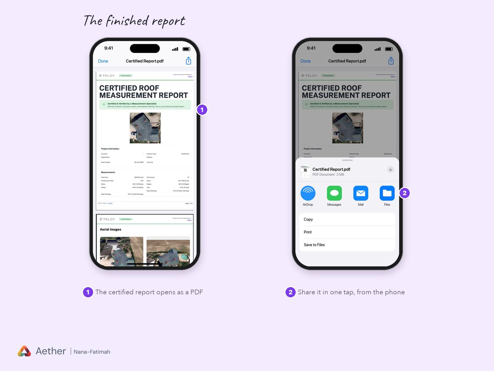 The certified report open as a PDF on a phone, and the share sheet open to send it