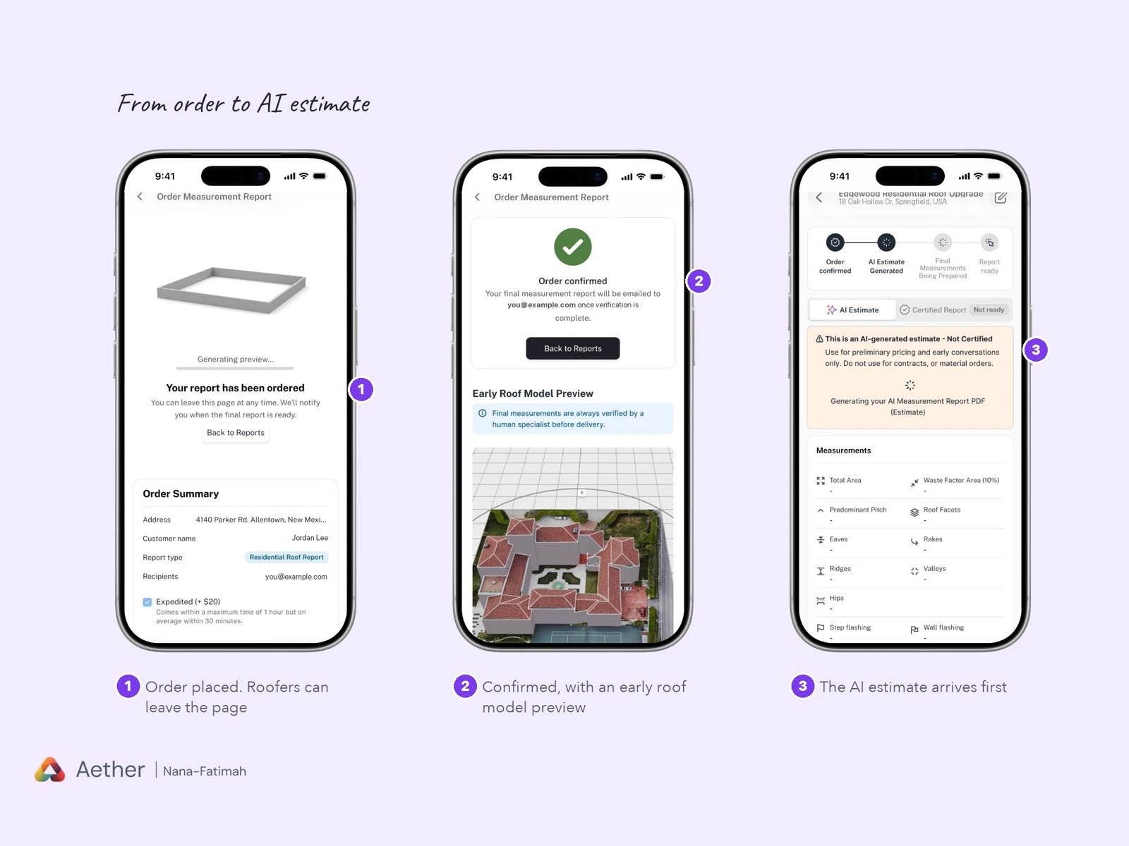 From order to AI estimate: the order placed, the order confirmed with an early 3D roof preview, and the AI estimate with a progress tracker